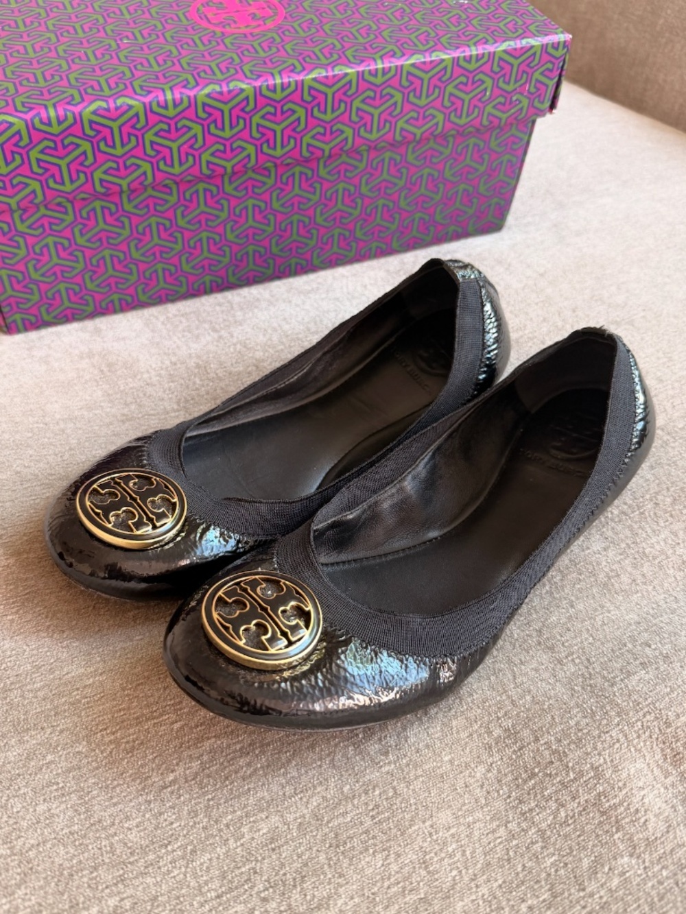 Tory Burch Minnie Travel Ballet Flats Black Patent Leather Size 8